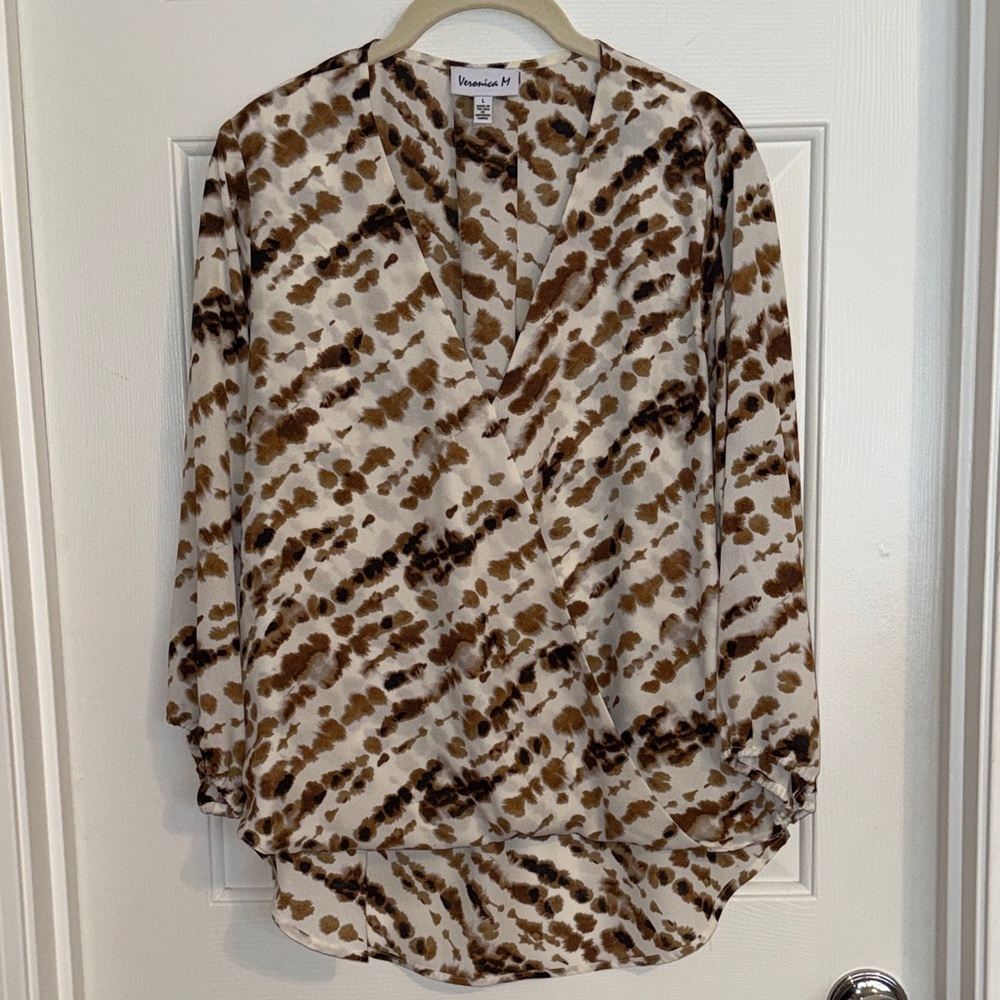 Veronica M Brown and Cream Printed Hi-Lo Blouse